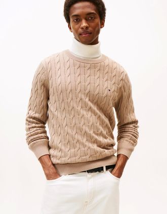 Tommy Hilfiger Mens Tommy Hilfiger Classic Cable Mens Crew Jumper - Coastal Taupe - Tan - Size: 40