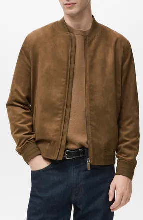 Mango Faux Suede Bomber Jacket in Cognac at Nordstrom, Size X-Large