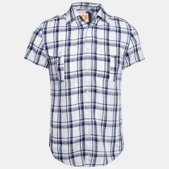 Boss Orange by Hugo Boss White And Blue Check Print Linen Short Sleeves Shirt