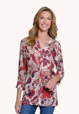 Multiples Womens Hi-Lo Shirt With Front Band Collar And Three-Quarter Sleeves In Multi