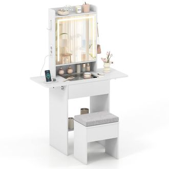 Costway Costway Compact Vanity Desk Makeup Dressing Tablew/ Power Outlets & Mirror in White