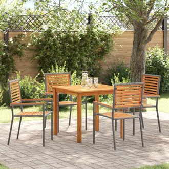 Berkfield Home 5 Piece Garden Dining Set Grey Poly Rattan Acacia