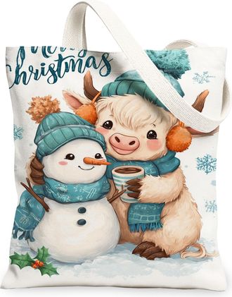 Generic Christmas Animal Canvas Tote Bags, Cute Snow Man Cow Design Reusable Grocery Bags, Vintage Lightweight Washable Canvas for, White, 13x15 Inch