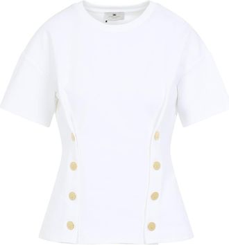 Elisabetta Franchi Chalk White Cotton Gold Buttoned T-Shirt-Donna