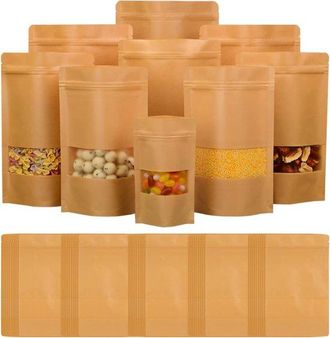No Brand Bolsas De Papel Kraft Con Ventana Transparente - Reutilizables - Aptas Para Frutos Secos, T&eacute;, Especias, Etc. - Marr&oacute;n - 30 X 40 Cm - Paquete De 20