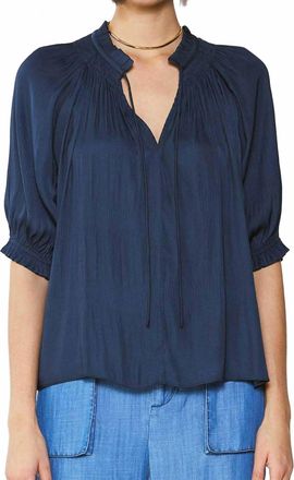 Current Air Susana Short Sleeve Tie Front Satin Top In Navy