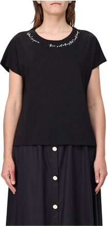 Liu Jo Tops, Dames, Zwart, M, Geborduurde Korte Mouw Casual Top