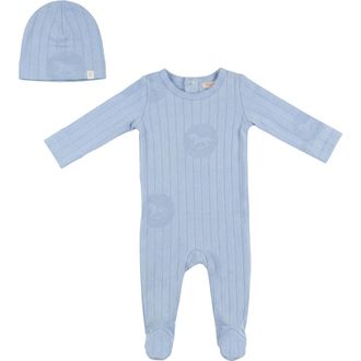 Fragile Romper 1x1 Rib Striped Horse Print with Matching Hat in Ice Blue at Nordstrom, Size 3M