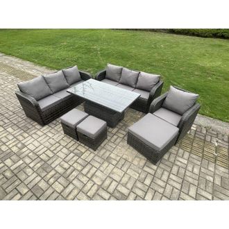 Fimous Outdoor Rattan Garden Furniture Sets Height Adjustable Rising lifting Dining Table Sofa Set with Reclining Chair 3 Footstools Dark Grey Mixed - Fimous