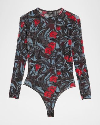 Giorgio Armani Tulle Jersey Floral Print Bodysuit