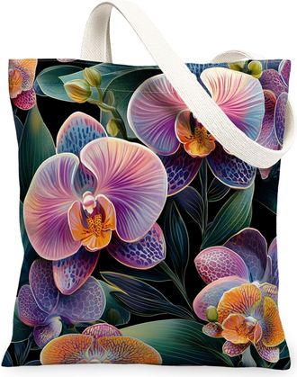 Generic Spring Phalaenopsis Orchid Flower Canvas Tote Bag for Shopping 13x15, Vintage Retro Florals Reusable Grocery Print Pattern Bag for Women, Fun Aestheti