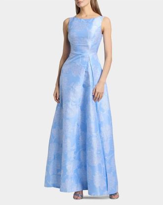 Kay Unger Caitlin Pleated Floral Jacquard Gown In Spring Blue