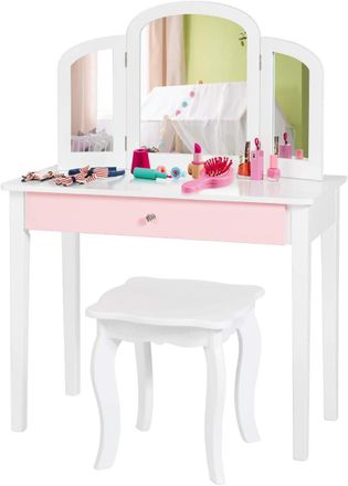 Costway Costway - Set Toeletta Trucco - Sedia Per Bambini, 3 Specchio E Cassetto Grande, 95 X 70 X 34 Cm, Specchiera Bambina, Bianco