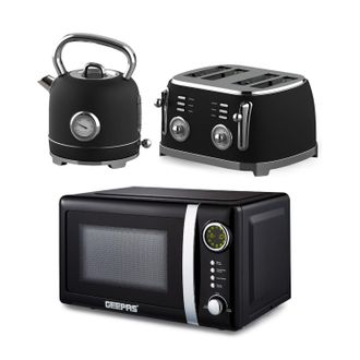 Geepas Retrovive 1.8L Kettle & 4 Slice Toaster set with 20L Digital Microwave in Black