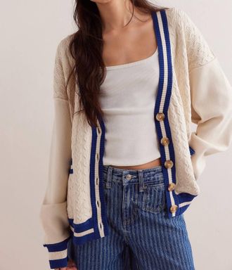 We The Free Varsity Cardigan In Ecru Blue