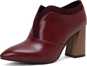 Generic Womens Chic Pointed Toe Leather Ankle Boots Chunky Block Heels Slip On Durable PU Leather Cushioned Insole Office Shoes Stylish,Wine Red,5.5 UK