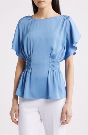 Anne Klein Flutter Sleeve Smocked Waist Top in Lagoon at Nordstrom, Size X-Large P