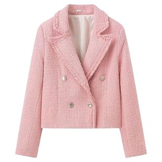 Generic Womens Tweed Blazer Jacket Elegant Boucle Cropped Coat Fully Lined Notch Collar Business Casual Fall Work Blazers Pink Large