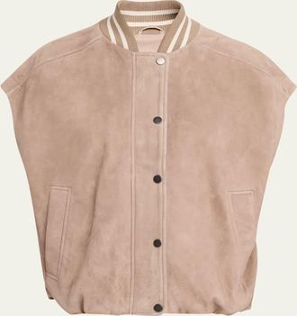 Brunello Cucinelli Couture Suede Sleeveless Varsity Jacket