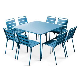 Oviala Mesa de jard&iacute;n y 8 sillas de metal azul pac&iacute;fico