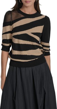 DKNY Zebra Stripe Three-Quarter Sleeve Sweater in Travertn M at Nordstrom, Size X-Small