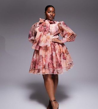 Asos Curve - Vestito svasato in organza rosa a fiori con fiocco al collo-Multicolore