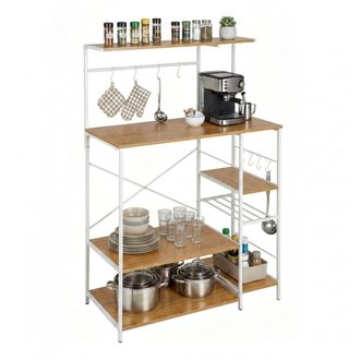 Relaxdays Relaxdays Estanter&iacute;a De Cocina, 7 Baldas, 8 Ganchos, 123&times;80&times;40 Cm, Mdf/hierro, Efecto Madera, Natural Y Blanco