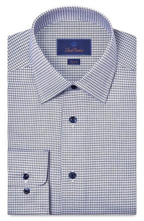 David Donahue Slim Fit Microcheck Stretch Cotton Twill Dress Shirt in Navy/White at Nordstrom, Size 14.5 - 32