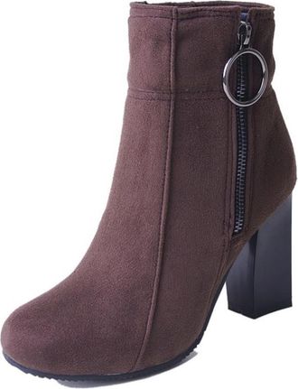 Generic Womens Ankle Boots Suede Leather Side Zip O-Ring Detail Block Heels Round Toe Comfortable Non Slip Durable for Daily Wear Party Street Fashion,Brown,9