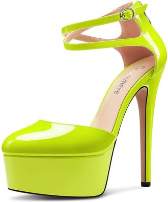 Castamere Womens Stiletto High Platform Heel Round Toe Ankle Strap Pumps Court Shoe Wedding Prom Dress Patent Leather 15 CM Heels Lime Green 4 UK