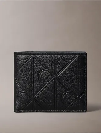 Calvin Klein Mens Embossed Emblem Logo Bifold Wallet with Coin Pouch - Black
