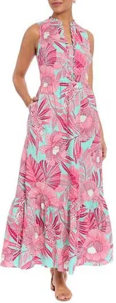 London Times Ruffle Sleeveless Stretch Cotton Maxi Dress in Teal/Pink at Nordstrom Rack, Size 16