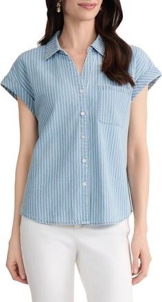 Jones New York Stripe Cotton Button-Up Shirt in Medium Wash/white at Nordstrom, Size X-Large