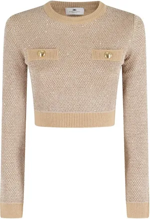 Elisabetta Franchi Cropped Honey Knit Sweater With All-Over Sequins