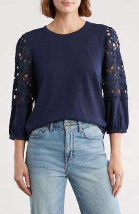 Caslon Lace Mixed Media Top in Navy Still at Nordstrom Rack, Size Xx-Small