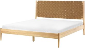 Beliani Cama Minimalista Con Somier De L&aacute;minas Y Cabecero Tapizado 180 X 200 Cm Madera De Pino Marr&oacute;n Claro Brunemont