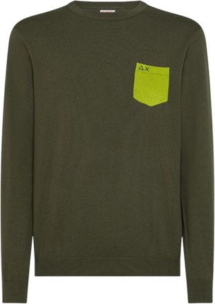 Sun 68 Trui met contrast ellebogen en zak - Heren - Ronde hals truien - Groen - XL - Katoen - Truien & Vesten