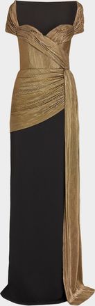 Badgley Mischka Draped Sweetheart Metallic Lame Column Gown
