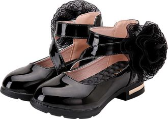 Generic Girls Hook and Loop Dress Shoes Mary Jane Shoes Ballet Flats Dress Sandals with Flower Decor Stylish Matte Princess Low Heel Footwear Kids Uniform Oxf