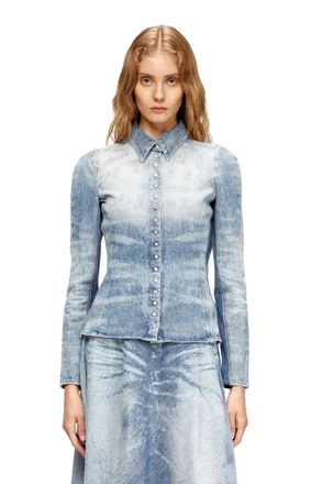 Diesel Shirt in distressed honeycomb denim - Denim Shirts - Woman - Blue