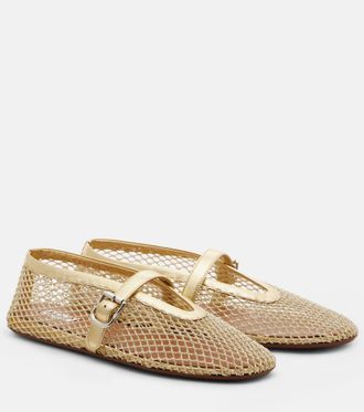 Alaia Ala&iuml;a Leather-trimmed fishnet ballet flats