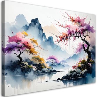 Feeby Cuadro En Lienzo Paisaje Japon&eacute;s: R&iacute;o Monta&ntilde;as Naturaleza 100x70