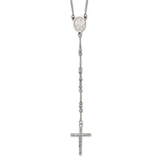 Diamond2Deal Stainless Steel Polished 4mm Beaded Rosary Cross Necklace 25