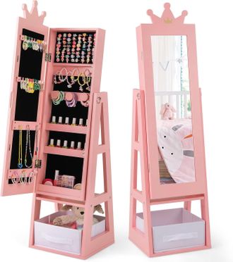 Costway Costway - Armadio Portagioie 3 In 1 Per Bambini 31,5 X 30 X 115cm, Specchio A Forma Di Corona Con Ganci, Ripiano E Cassetto In Tessuto, Toeletta Per C