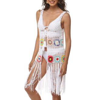 Generic Women Sleeveless Crochet Long Tassels Vest Hollow Out Knit Multicolor Floral Hippie Bikini Cover Up Cardigan Beachwear White, One Size
