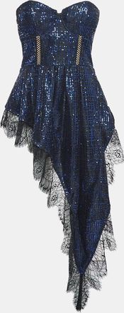 Self Portrait Blue/black Crepe Sequin Lace Trim Top