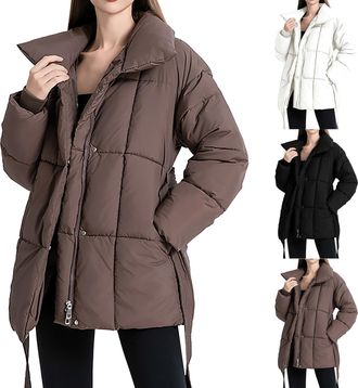 Generic Womens Winter Coat, Short Quilted Coat, High Collar, Down Coat with Press Stud and Zip, Lightweight Puffer Jacket with Belt and Pockets, Warm Parka Ja