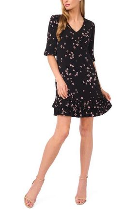 CeCe by Cynthia Steffe Floral Double Flounce Hem Knit Dress in Rich Black at Nordstrom, Size X-Large