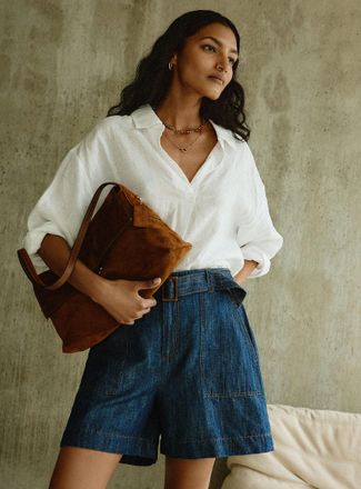Contemporaine Womens Belted lightweight denim short Fit: Wide leg, super high rise