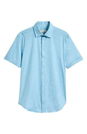 Bugatchi Miles OoohCotton Space Dye Short Sleeve Button-Up Shirt in Teal at Nordstrom, Size Xxx-Large